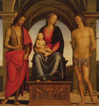 Madonna en Kind Enthroned tussen St. Johannes de Doper en St. Sebastiaan, 1493 door Pietro Perugino